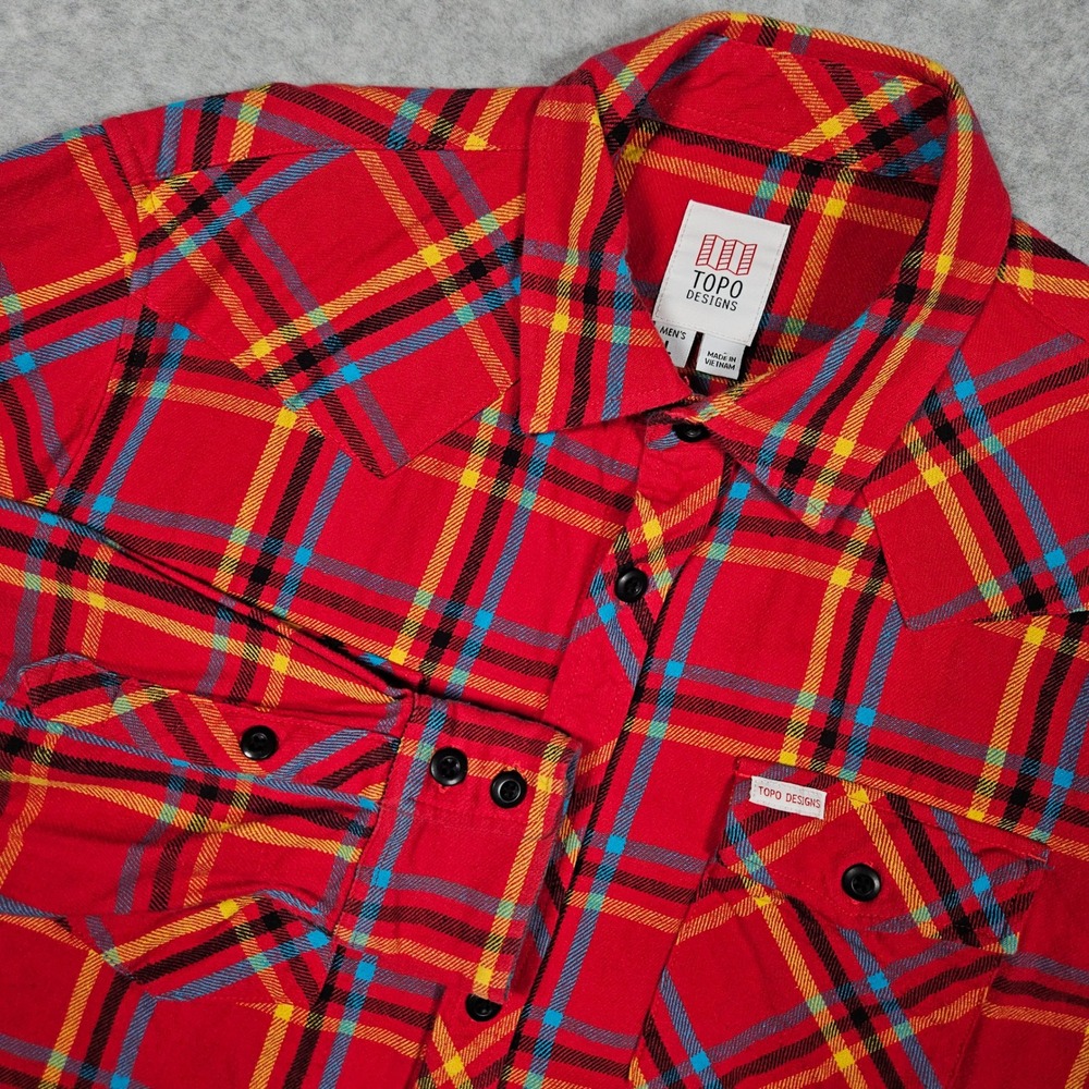 Topo Designs Men Large Red Plaid Flannel Western Button Shirt Cotton Long Sleeve